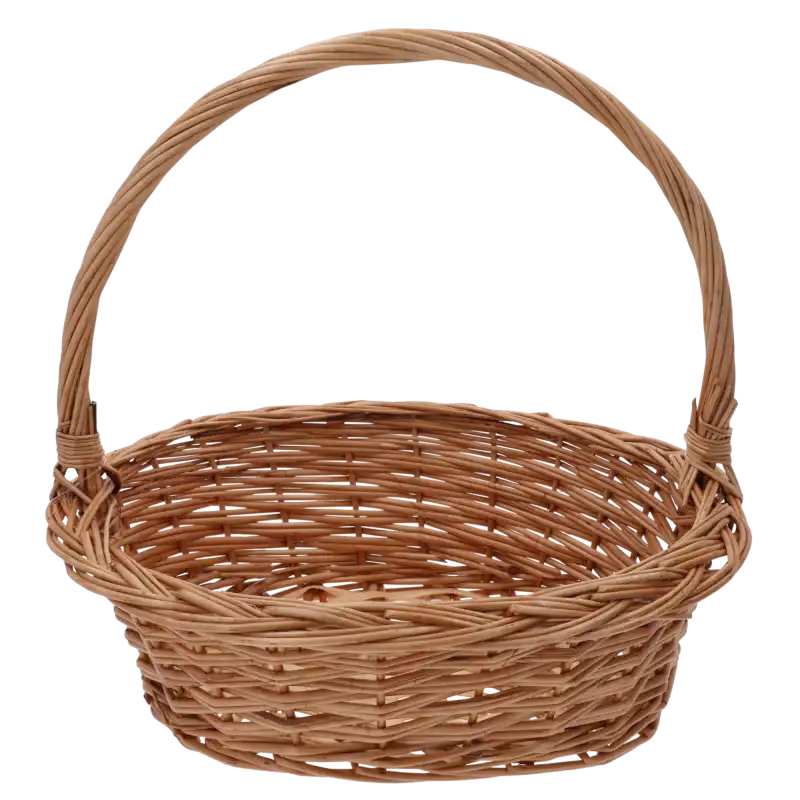 Owalny brązowy kosz wiklinowy o wymiarach 35x27 cm z rączką, prezentowany na czystym, białym tle jako baza do dekoracji.