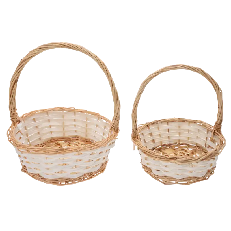 Okrągłe białe kosze wiklinowe w zestawie 2 szt. o wysokości z rączką 30 cm i 25 cm. Klasyczna forma do prezentów i święconki.