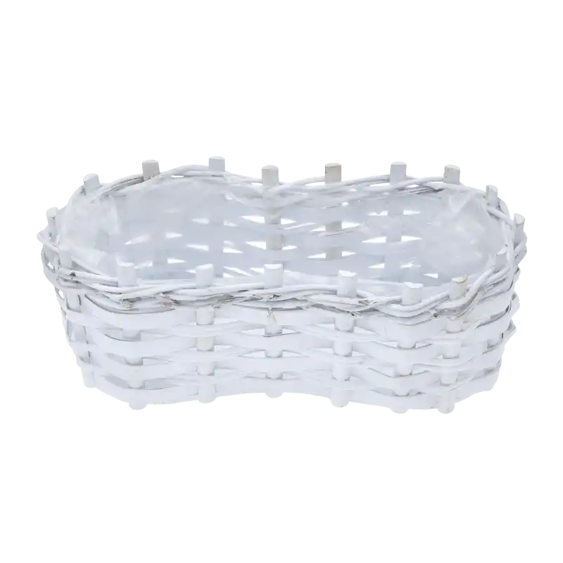 Biała osłonka z kory w kształcie ósemki o długości 36 cm. Dekoracyjna donica z folią ochronną, idealna do roślin.