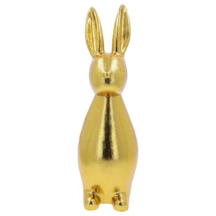 Złoty zając 47 cm w stylu glamour. Ta wysoka figurka z postarzanym wykończeniem to nowoczesna dekoracja wielkanocna.