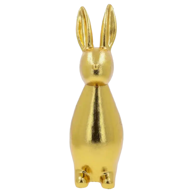 Złoty zając 47 cm w stylu glamour. Ta wysoka figurka z postarzanym wykończeniem to nowoczesna dekoracja wielkanocna.