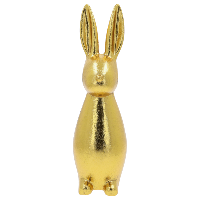 Złoty zając dekoracyjny o wysokości 40 cm w stylu glamour, prezentowany w pełnej okazałości na białym tle.