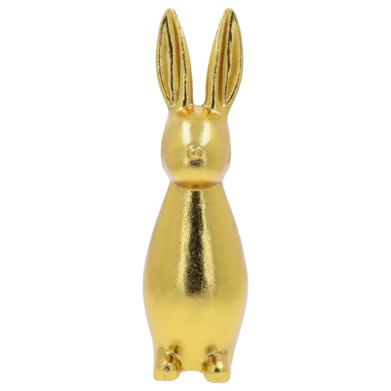 Złoty zając dekoracyjny o wysokości 40 cm w stylu glamour, prezentowany w pełnej okazałości na białym tle.