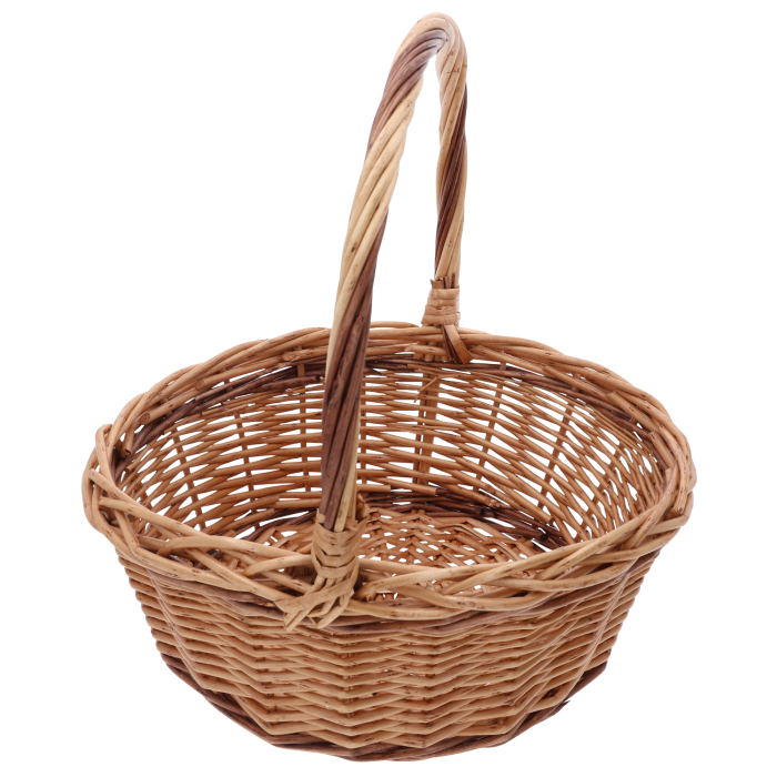 Okrągły brązowy koszyk wiklinowy o średnicy 32 cm z wysoką rączką. Klasyczna, naturalna dekoracja idealna jako koszyki na święconkę lub baza do stroików w rozmiarze L.