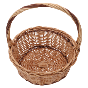 Ujęcie z góry na wnętrze okrągłego koszyka wiklinowego. Widoczna gęsta struktura naturalnej plecionki, która zapewnia estetyczny wygląd każdej dekoracji florystycznej.