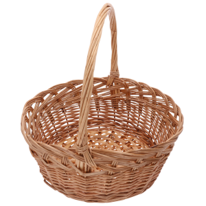 Tradycyjny okrągły kosz wiklinowy o średnicy 35 cm z wysoką rączką, prezentowany na czystym białym tle.