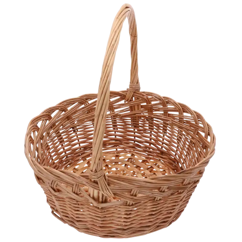 Tradycyjny okrągły kosz wiklinowy o średnicy 35 cm z wysoką rączką, prezentowany na czystym białym tle.