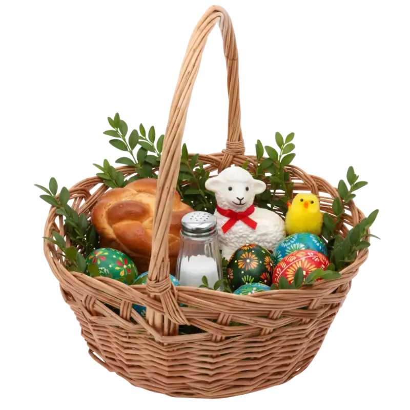 Wiklinowy kosz wypełniony wielkanocnymi dekoracjami, w tym barankiem, jajkami i bukszpanem.