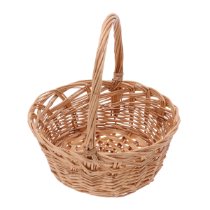 Tradycyjny okrągły kosz wiklinowy o średnicy 25 cm. Naturalny odcień wikliny, klasyczna forma z wysoką rączką, idealny na święconkę.
