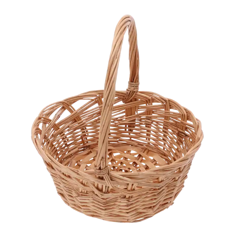 Tradycyjny okrągły kosz wiklinowy o średnicy 25 cm. Naturalny odcień wikliny, klasyczna forma z wysoką rączką, idealny na święconkę.