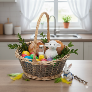 Pojedynczy kosz wiklinowy wypełniony wielkanocnym zestawem, w tym figurką baranka, pisankami i gałązkami bukszpanu na kuchennym blacie.