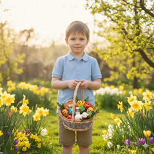 Dziecko trzymające w dłoniach koszyk wiklinowy pełen wielkanocnych pisanek, stojąc pośród wiosennego ogrodu w otoczeniu żonkili.