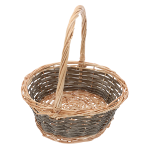 Okrągły koszyk wiklinowy 28 cm z dwukolorowym splotem i wysoką rączką, idealna baza na wielkanocną święconkę.