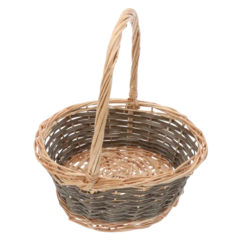 Okrągły koszyk wiklinowy 28 cm z dwukolorowym splotem i wysoką rączką, idealna baza na wielkanocną święconkę.