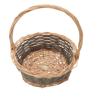 Widok z góry na wnętrze okrągłego koszyka wiklinowego o średnicy 28 cm, ukazujący dno i konstrukcję splotu.
