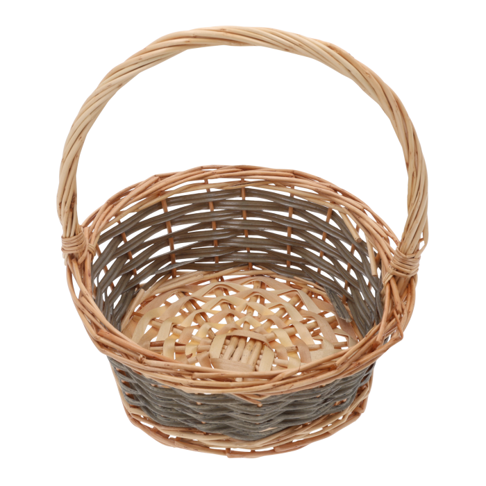 Okrągły koszyk wiklinowy 23 cm idealny na Wielkanoc jako mały kosz na święconkę dla dziecka. Naturalna wiklina, solidna rączka, kompaktowe wnętrze. Świetna baza pod mini stroiki. Możliwość zakupu hurtowego dla florystów.