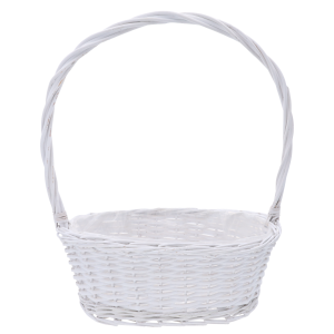 Biały kosz wiklinowy o wysokości 47 cm z folią ochronną. Elegancki kosz na kwiaty i prezenty w nowoczesnym wydaniu.