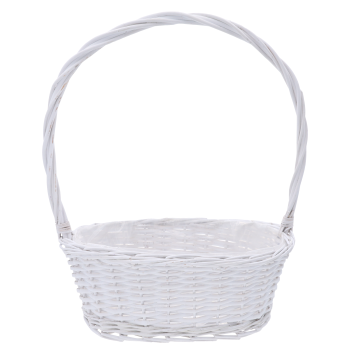 Biały kosz wiklinowy o wysokości 47 cm z folią ochronną. Elegancki kosz na kwiaty i prezenty w nowoczesnym wydaniu.
