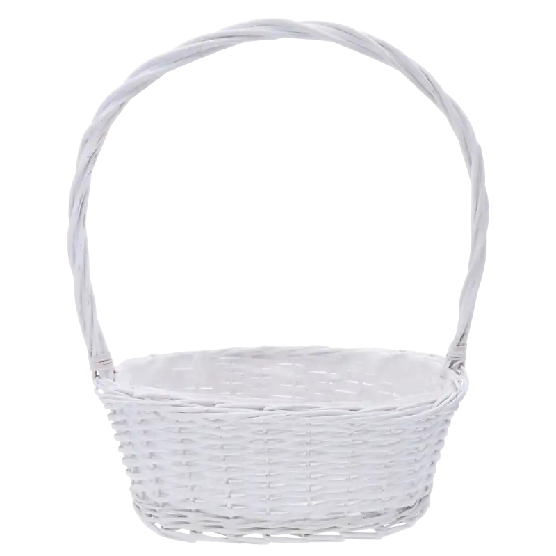 Biały kosz wiklinowy o wysokości 47 cm z folią ochronną. Elegancki kosz na kwiaty i prezenty w nowoczesnym wydaniu.