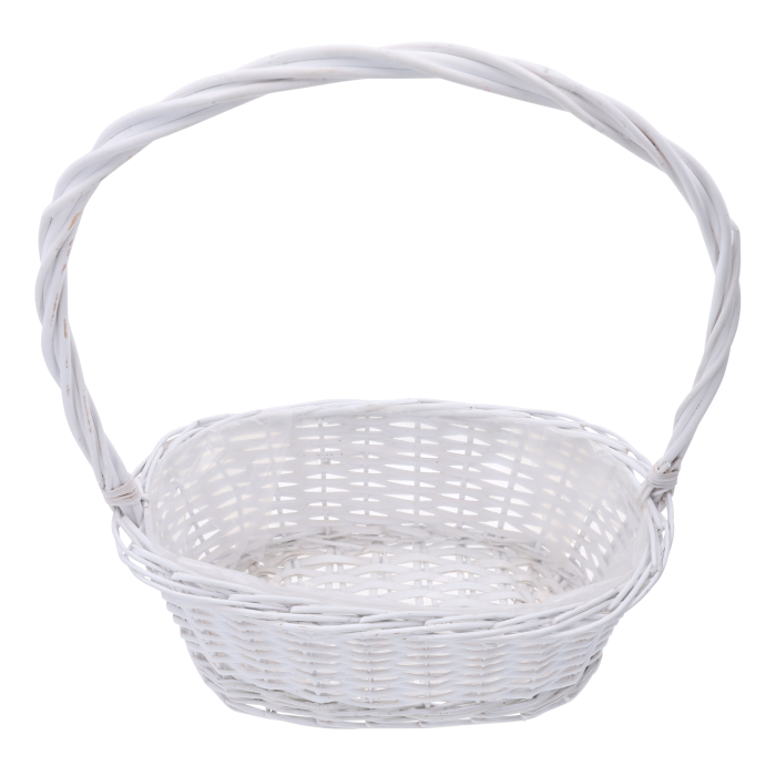 Kosz wiklinowy biały 47 cm z folią – must-have dla florystów! Duży, pojemny, idealny na okazałe bukiety i stroiki wielkanocne. Folia wewnątrz chroni kwiaty. Oferta hurtowa dla kwiaciarni i pracowni florystycznych.