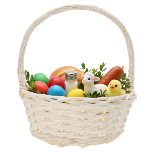 Okrągły kosz wiklinowy 35 cm wypełniony wielkanocnymi ozdobami, takimi jak pisanki, baranek i bukszpan, gotowy do święcenia.