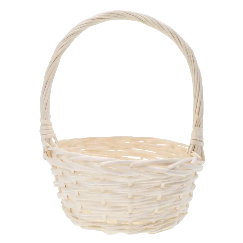 Pusty, okrągły kosz wiklinowy o średnicy 26 cm z wysokim pałąkiem, prezentowany na czystym, białym tle dla lepszej ekspozycji produktu.