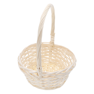 Ujęcie kosza wiklinowego pod kątem, ukazujące wygodny pałąk oraz solidnie wykonane dno produktu o średnicy 26 cm.