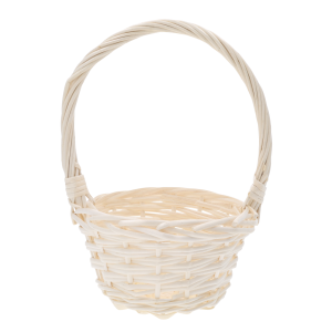 Okrągły kosz wiklinowy 20 cm o naturalnej strukturze plecionki z wysokim pałąkiem. Idealny koszyczek na święconkę dla dzieci lub jako elegancka baza do wiosennych stroików.