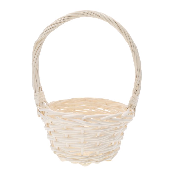 Okrągły kosz wiklinowy 20 cm o naturalnej strukturze plecionki z wysokim pałąkiem. Idealny koszyczek na święconkę dla dzieci lub jako elegancka baza do wiosennych stroików.