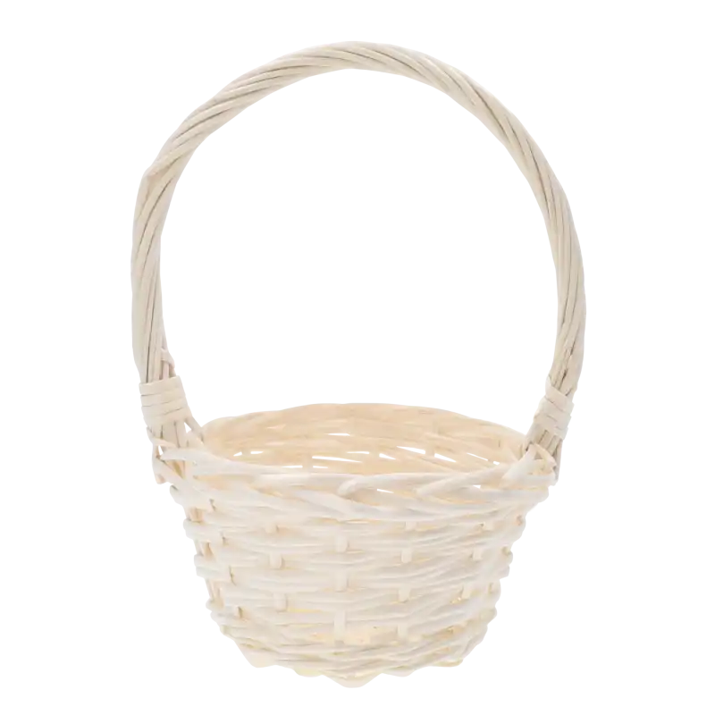Okrągły kosz wiklinowy 20 cm o naturalnej strukturze plecionki z wysokim pałąkiem. Idealny koszyczek na święconkę dla dzieci lub jako elegancka baza do wiosennych stroików.