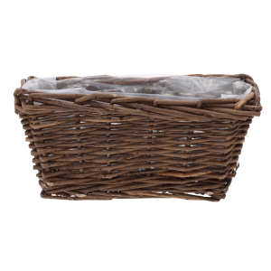 Prostokątna osłonka wiklinowa o wymiarach 25x10 cm z folią ochronną, idealna do aranżacji roślinnych na tarasie lub w domu.