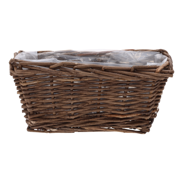 Prostokątna osłonka wiklinowa o wymiarach 25x10 cm z folią ochronną, idealna do aranżacji roślinnych na tarasie lub w domu.
