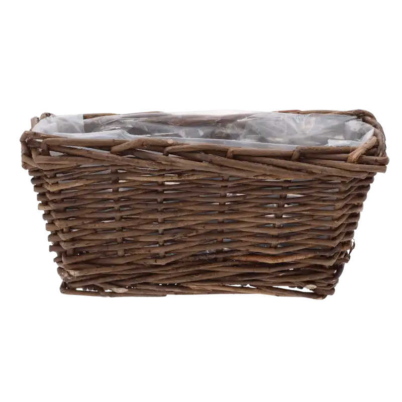 Prostokątna osłonka wiklinowa o wymiarach 25x10 cm z folią ochronną, idealna do aranżacji roślinnych na tarasie lub w domu.