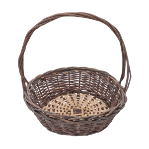 Okrągły kosz wiklinowy 40x35x38 cm z rączką, prezentowany na białym tle. Klasyczna plecionka w naturalnym kolorze sprawdzi się jako baza na koszyki na święconkę lub dekoracje.