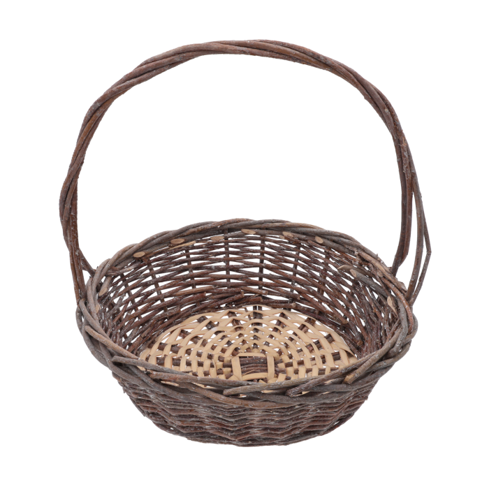 Okrągły kosz wiklinowy 40x35x38 cm z rączką, prezentowany na białym tle. Klasyczna plecionka w naturalnym kolorze sprawdzi się jako baza na koszyki na święconkę lub dekoracje.