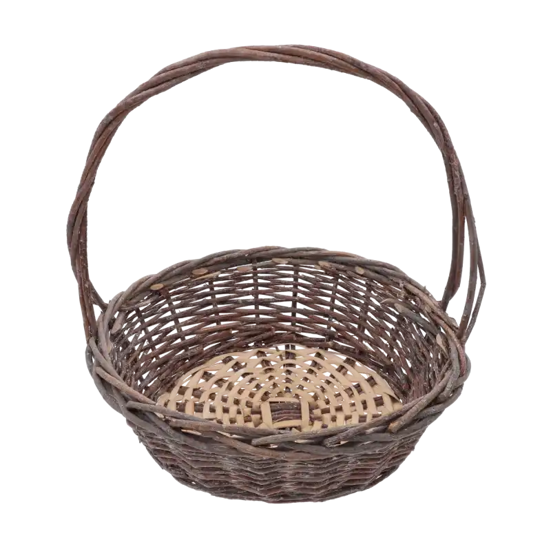 Okrągły kosz wiklinowy 40x35x38 cm z rączką, prezentowany na białym tle. Klasyczna plecionka w naturalnym kolorze sprawdzi się jako baza na koszyki na święconkę lub dekoracje.