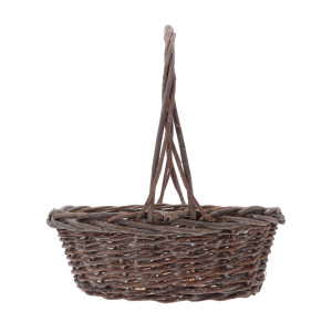 Pusty kosz wiklinowy w naturalnym odcieniu, ukazujący strukturę splotu oraz łukowatą rączkę. Produkt w rozmiarze M, doskonały do kompozycji florystycznych.