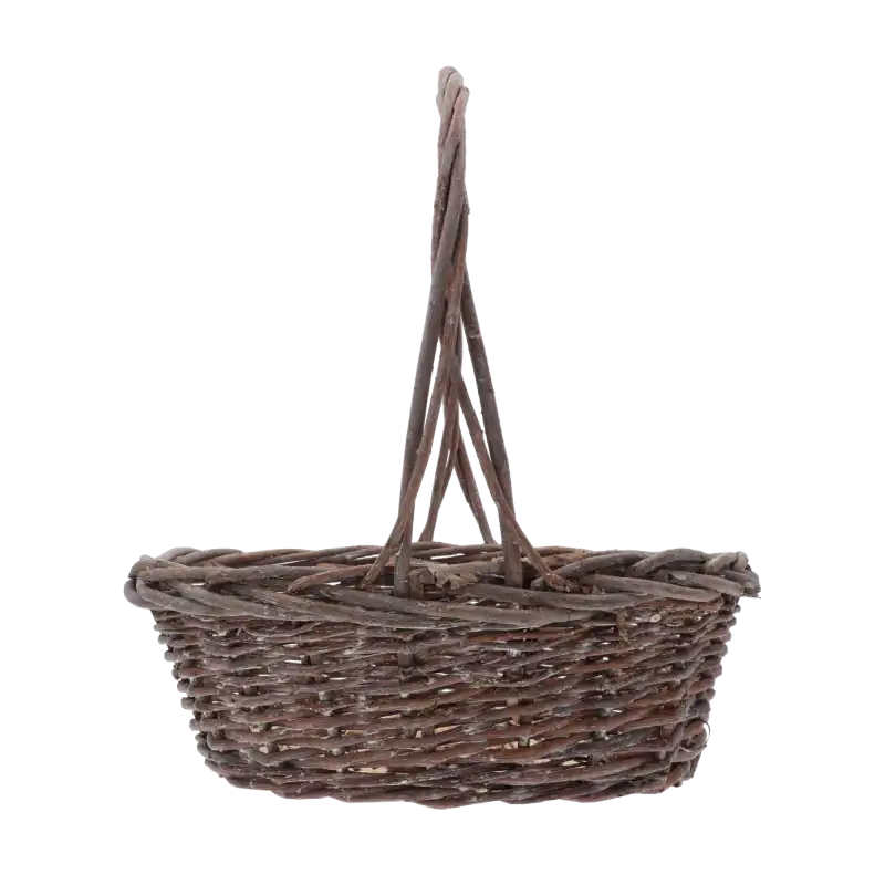 Pusty kosz wiklinowy w naturalnym odcieniu, ukazujący strukturę splotu oraz łukowatą rączkę. Produkt w rozmiarze M, doskonały do kompozycji florystycznych.
