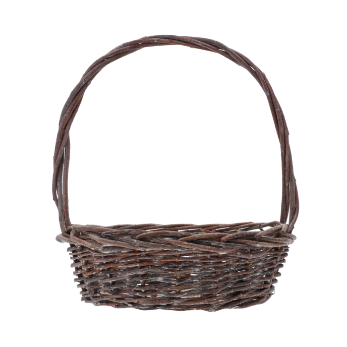 Naturalny okrągły kosz wiklinowy 35x28x32 cm o klasycznej formie z wygodną rączką, idealny jako baza na koszyki na święconkę oraz eleganckie kosze kwiatowe.