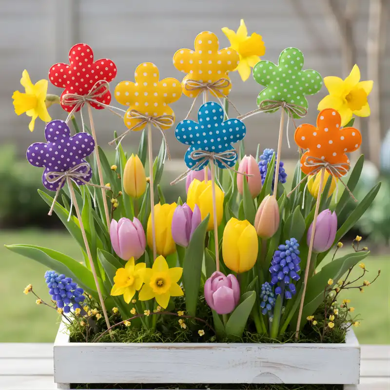 Kolorowa kompozycja wiosenna w drewnianej skrzynce z tulipanami, żonkilami i kwiatkami na piku, w tym fioletowym modelem w białe kropki.