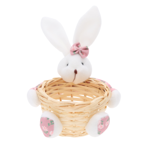 Różowy koszyczek organizer królik o wymiarach 20x15 cm z pluszowymi detalami. Praktyczna dekoracja wielkanocna i całoroczny dodatek do wnętrz.