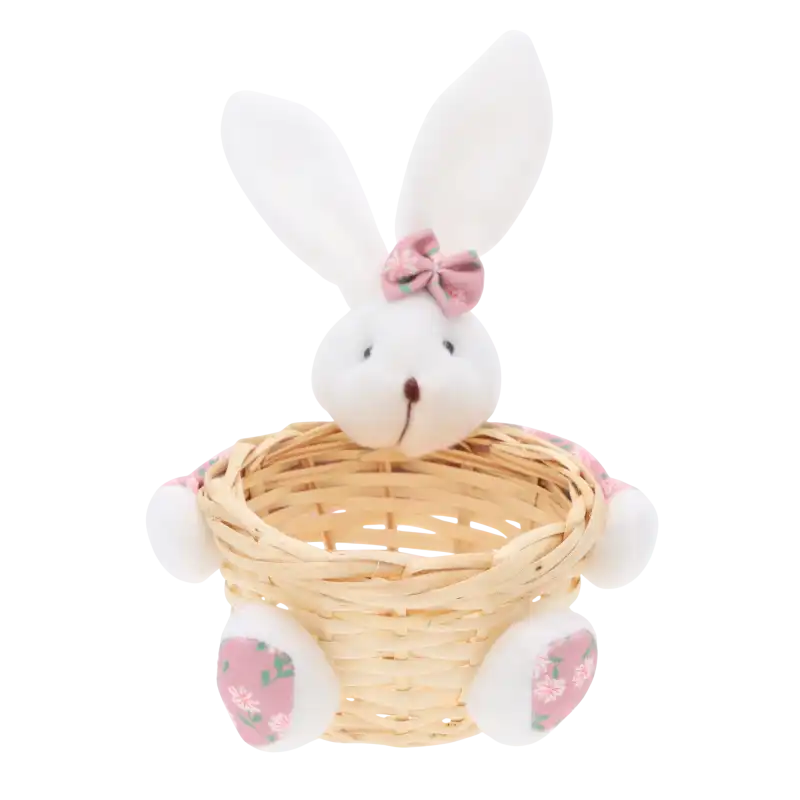 Różowy koszyczek organizer królik o wymiarach 20x15 cm z pluszowymi detalami. Praktyczna dekoracja wielkanocna i całoroczny dodatek do wnętrz.