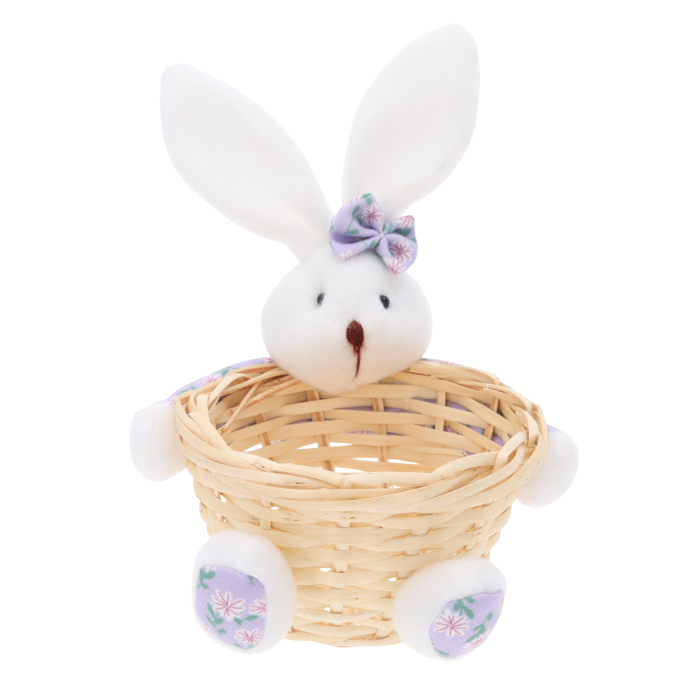 Fioletowy koszyczek organizer z motywem zajączka o wymiarach 20x15 cm. Posiada pluszowe elementy i dekoracyjną kokardkę.