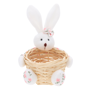 Biały koszyczek organizer w kształcie królika o wysokości 20 cm i szerokości 15 cm. Posiada pluszowe elementy.