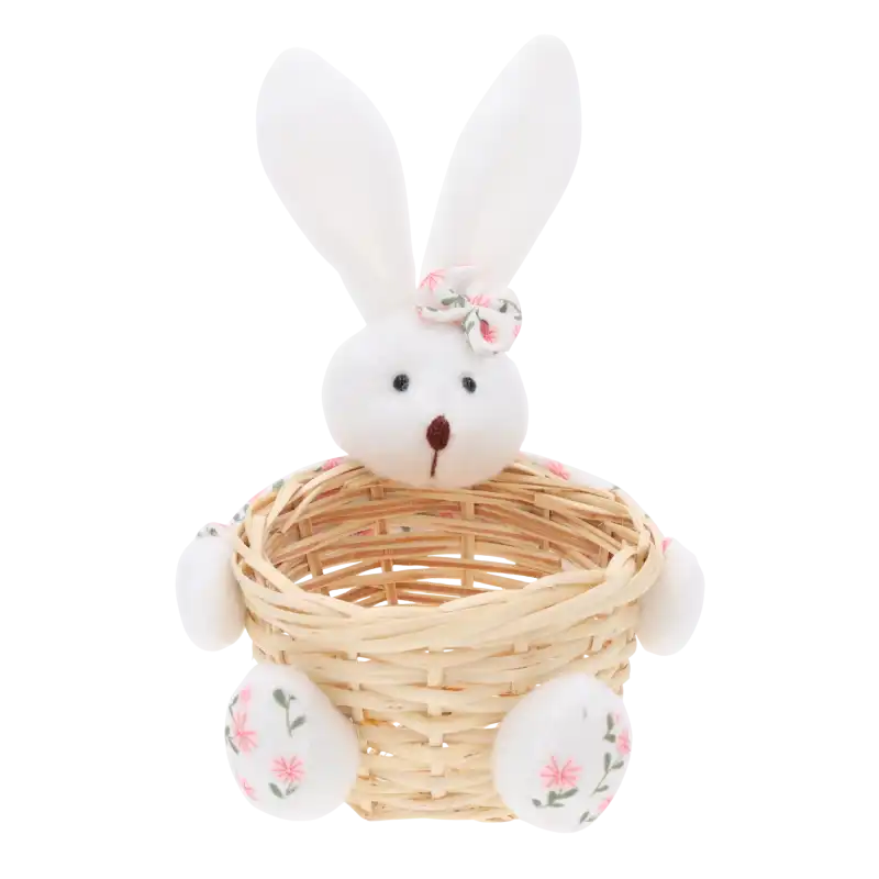 Biały koszyczek organizer w kształcie królika o wysokości 20 cm i szerokości 15 cm. Posiada pluszowe elementy.