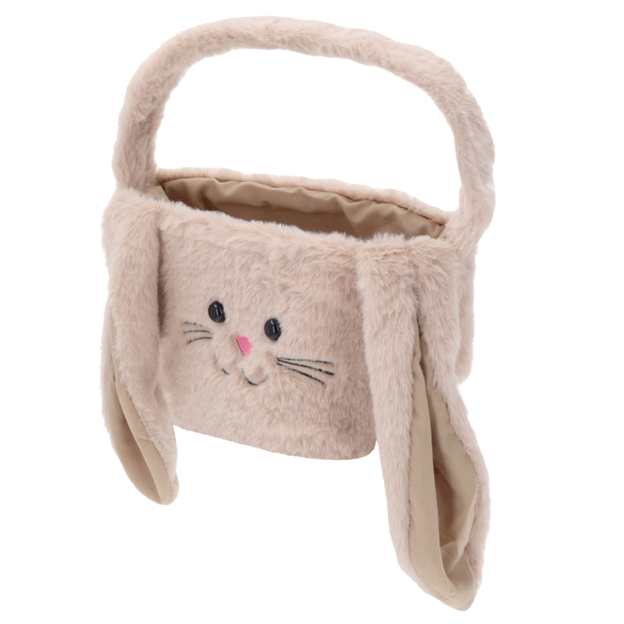 Beżowa torebka królik, uroczy artykuł dekoracyjny z miękkiego pluszowego futerka z długimi uszami i haftowaną buźką.