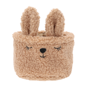 Brązowy pojemnik kosz królik ⌀ 17 cm z miękkiego materiału. Ozdobny organizer posiada wyszywaną buźkę i formowane uszy z drucikiem wewnątrz.
