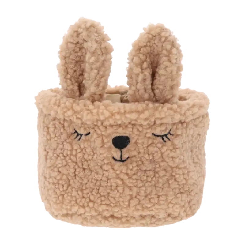 Brązowy pojemnik kosz królik ⌀ 17 cm z miękkiego materiału. Ozdobny organizer posiada wyszywaną buźkę i formowane uszy z drucikiem wewnątrz.