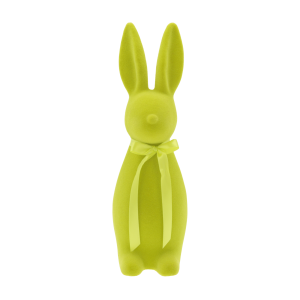 Limonkowy welurowy zając 30 cm to nowoczesna dekoracja wielkanocna z satynową kokardą, widoczna w pełnym formacie na wprost.