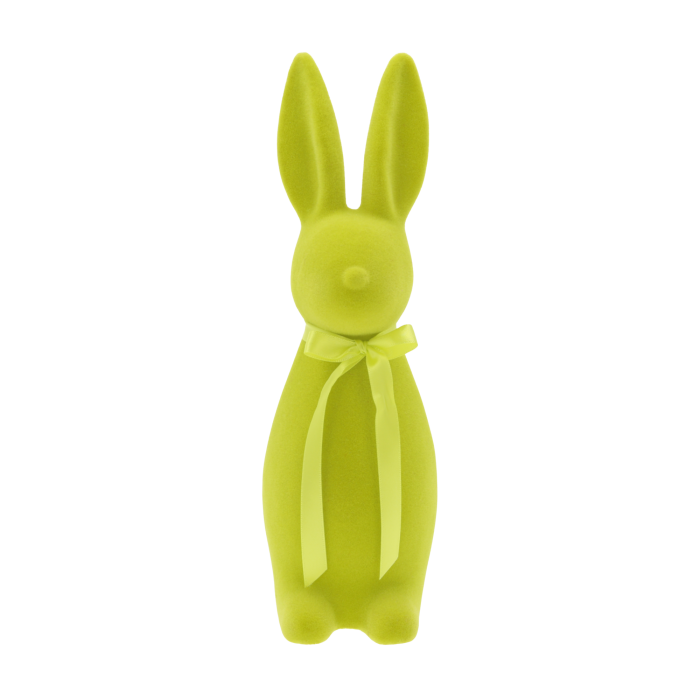Limonkowy welurowy zając 30 cm to nowoczesna dekoracja wielkanocna z satynową kokardą, widoczna w pełnym formacie na wprost.